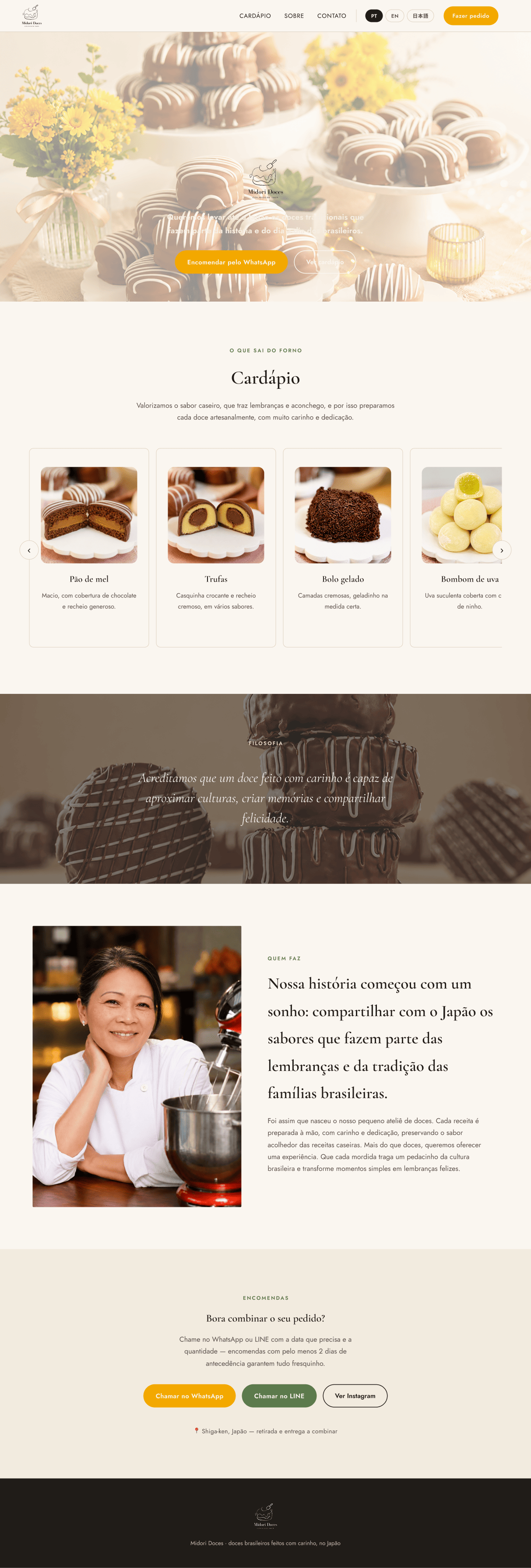 Site completo do Midori Doces — projeto da Aymi Web Design